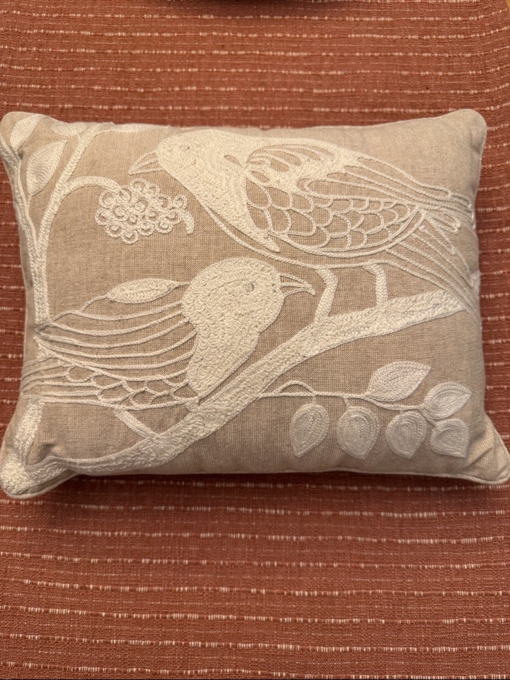 Embroidered Bird Cotton Accent Pillow in Beige